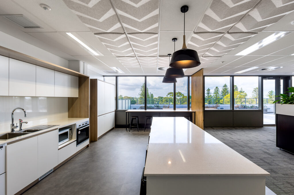 Ecoustic Torque Ceiling Tile installed in office kitchen