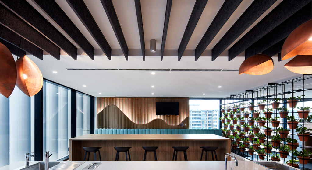 ecoustic banner ceiling baffle above kitchen area