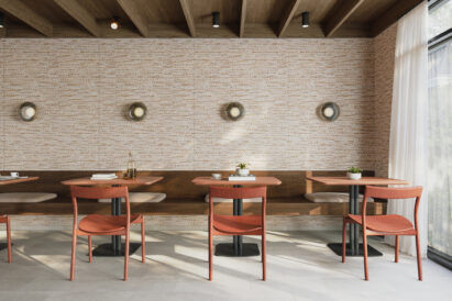 cream colored acoustic panel with organic orange pattern on restaurant wall