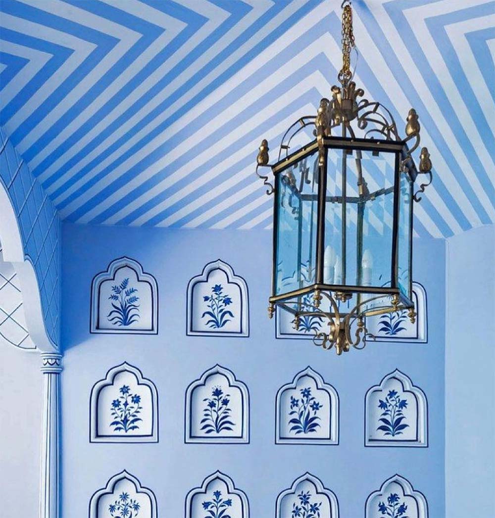 Light blue & white striped ceiling and wall design 