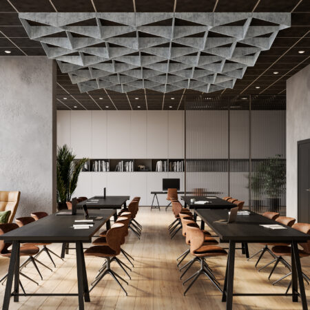magnetically mounted acoustic ceiling fins with a grey printed pattern above conference room