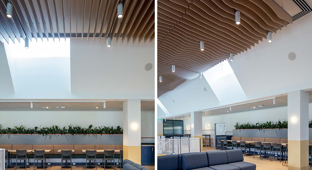 sound absorbing custom baffle almond 12mm on ceiling of knox grammar school seating area sofas