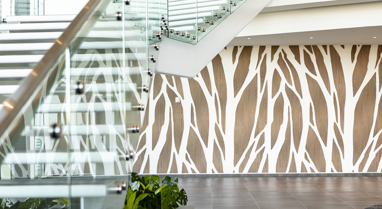 sound absorbing custom cut acoustic digitally printed panels in lobby