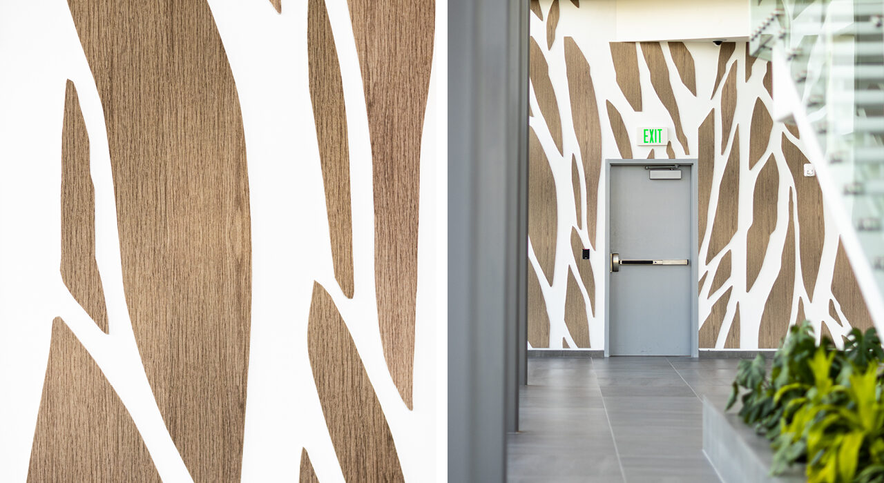 acoustic panels custom cut digitally printed along lobby wall