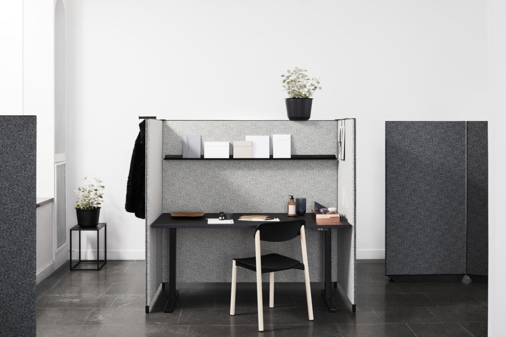 sound absorbing screen acoustic partition dB in grey and charcoal desk and chair with plant in office