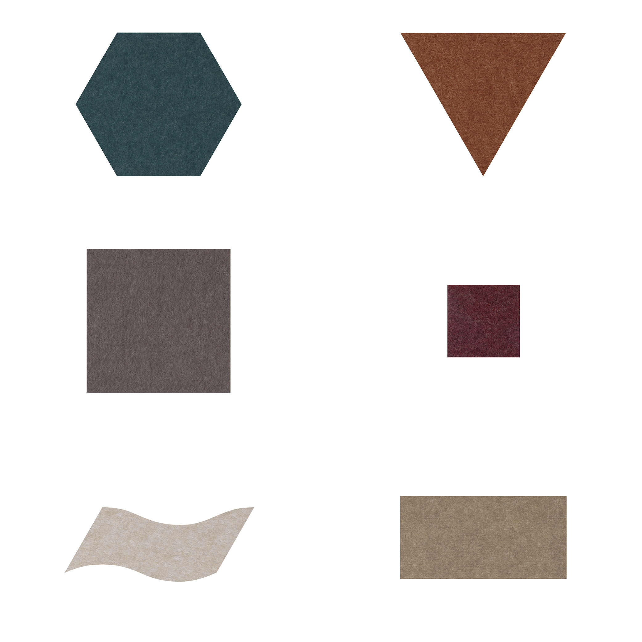 six acoustic tiles in different shapes and colors
