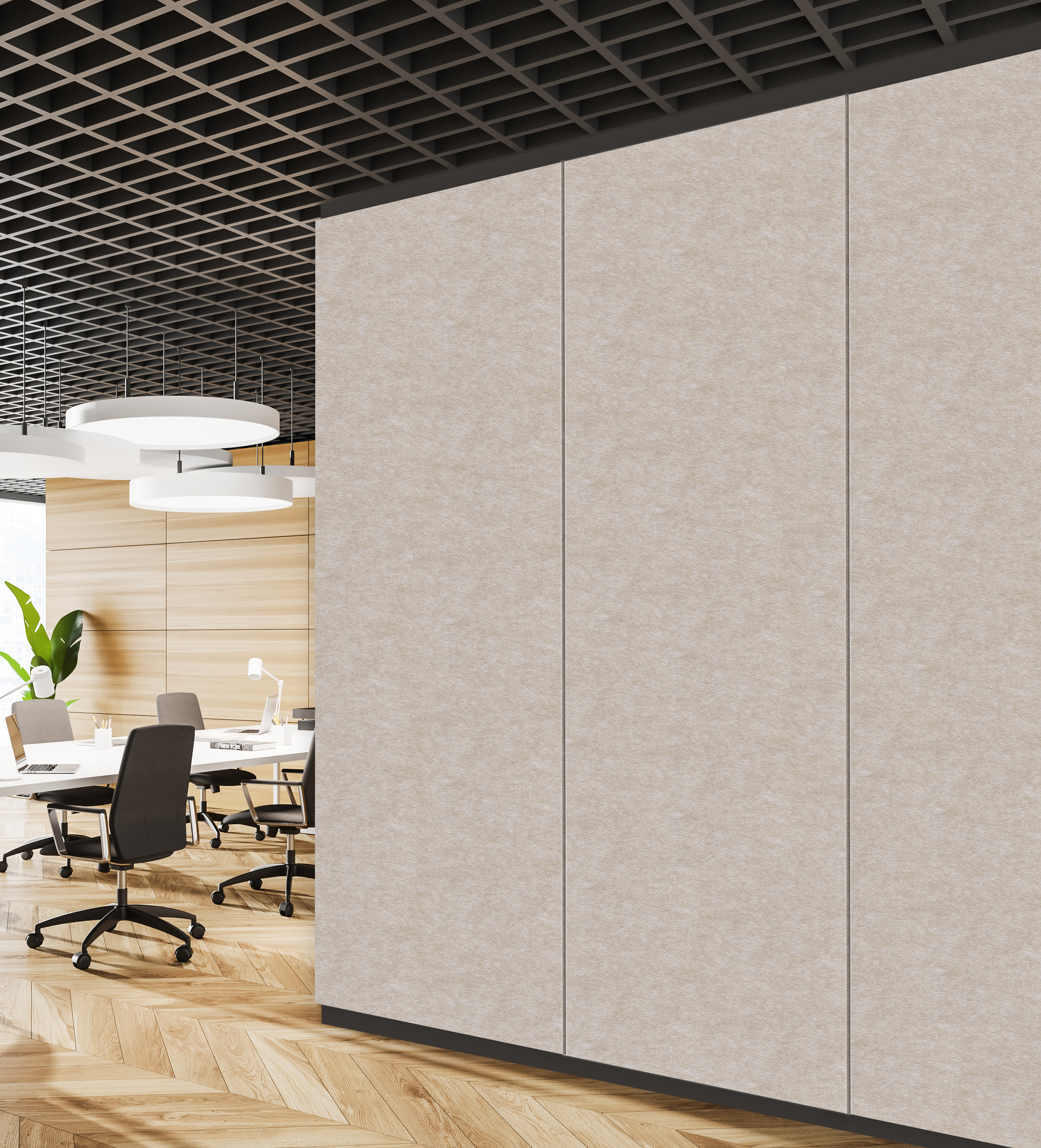 beige acoustic panels with beveled edges butted against each other in office