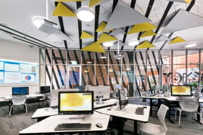 yellow light grey custom cut Ecoustic Panel for The Agency Curtin Business School