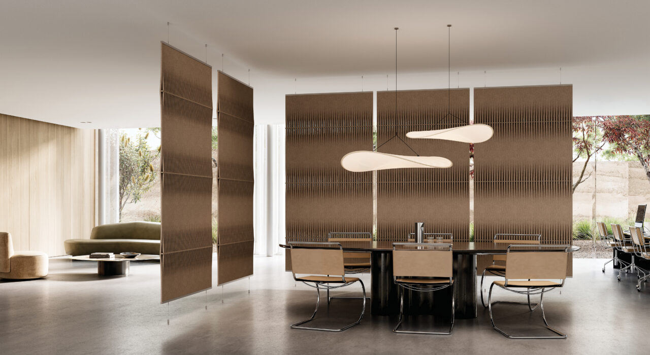 Ecoustic-Weave-Hang-Ups-Sand-rgb five tan suspended acoustic screens with a woven design in an open office setting