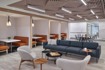 ecoustic Sculpt tiles installed in ceiling above seating area