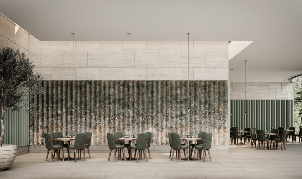 restaurant lounge area with tan and green organic patterned acoustic panel on wall