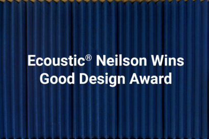 dark blue acoustic tiles with white text on top