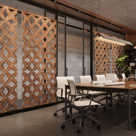 several printed acoustic screen dividers in office conference room