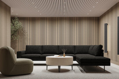 tan leather faced acoustic panels with black linear design on walls and slatted wooden panels on ceiling