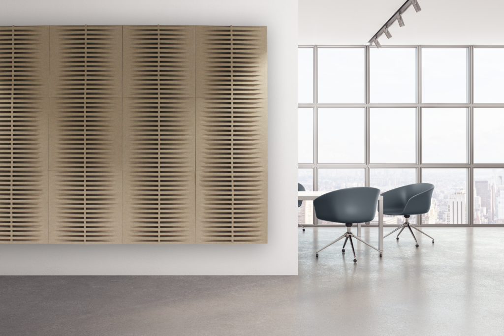 sand colored woven acoustic tiles in same direction on white wall